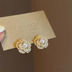 925 needle elegant pearl camellia flower studs earrings