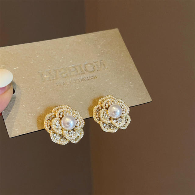 925 needle elegant pearl camellia flower studs earrings