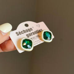 Concise square shape green color cubic zircon studs earrings