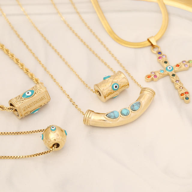 Personality blue color evil eye stainless steel necklace
