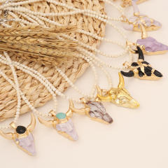 Boho vintage the cow head pendant bead necklace