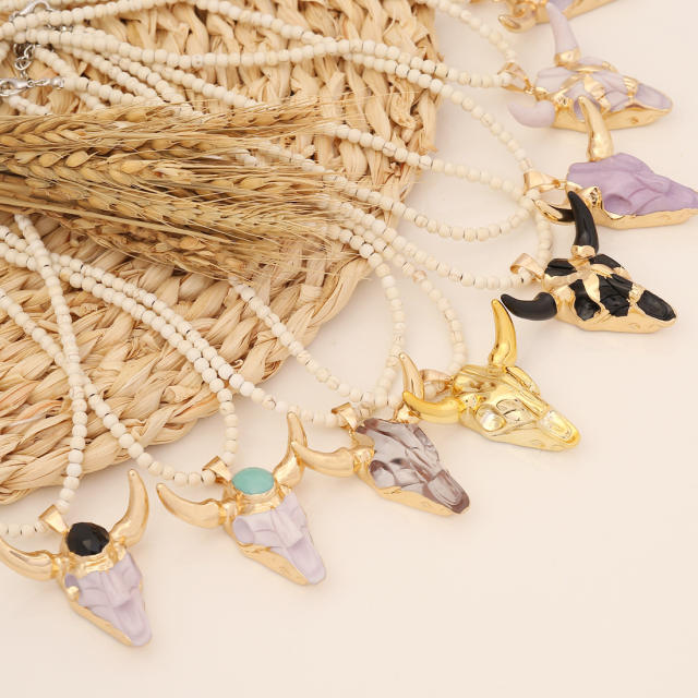 Boho vintage the cow head pendant bead necklace