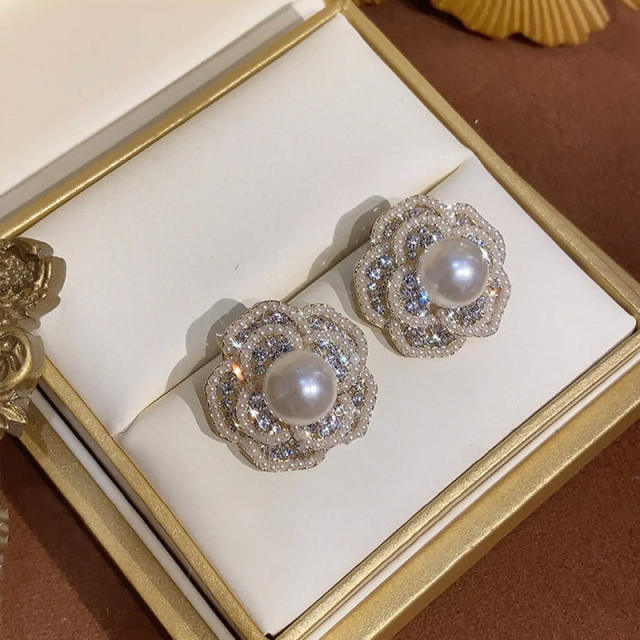 925 needle elegant pearl camellia flower studs earrings