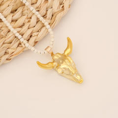 Boho vintage the cow head pendant bead necklace