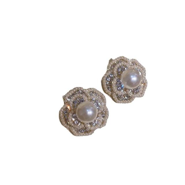 925 needle elegant pearl camellia flower studs earrings