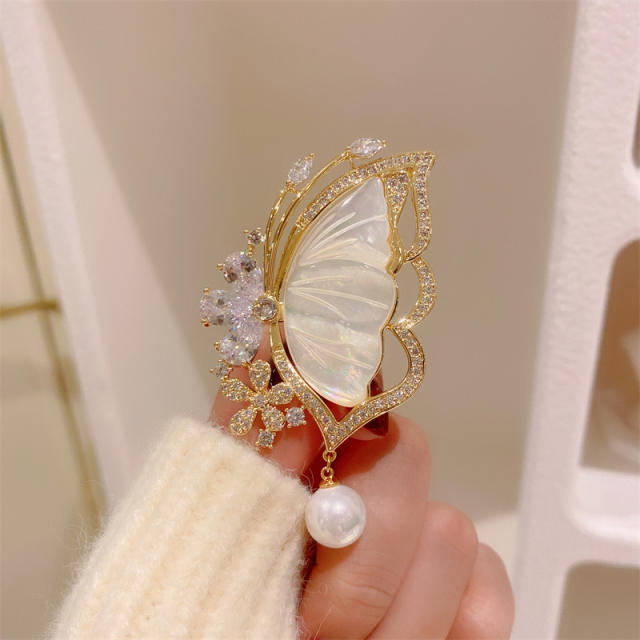 Vintage shell butterfly diamond brooch