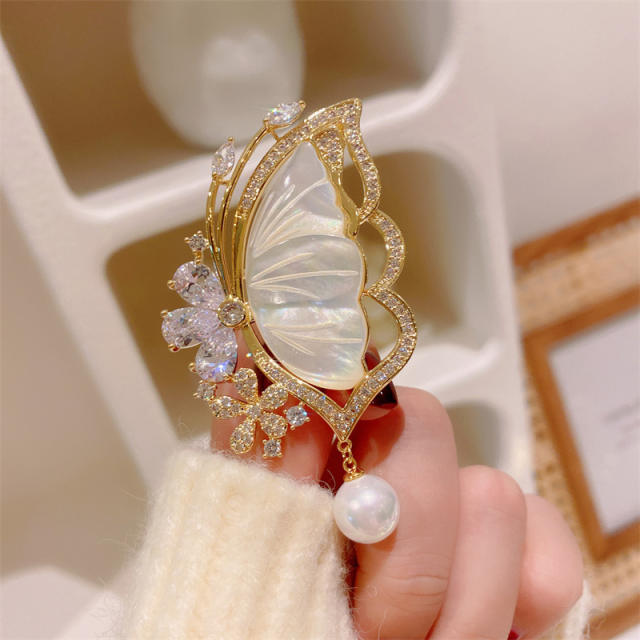 Vintage shell butterfly diamond brooch