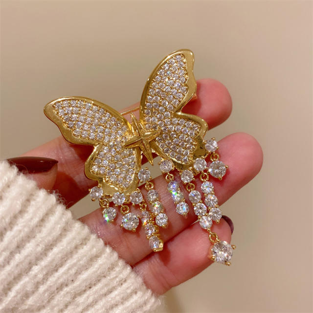Korean fashion luxury pave setting cubic zircon butterfly tassel brooch
