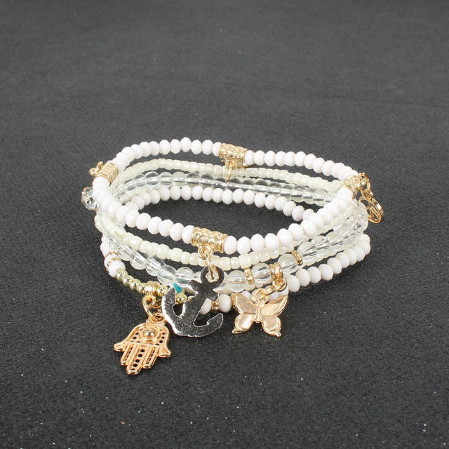 Boho colorful seed beads evil eye hasma charm layer bracelet