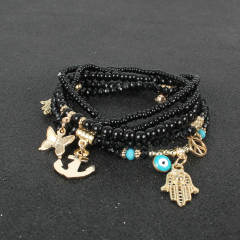Boho colorful seed beads evil eye hasma charm layer bracelet