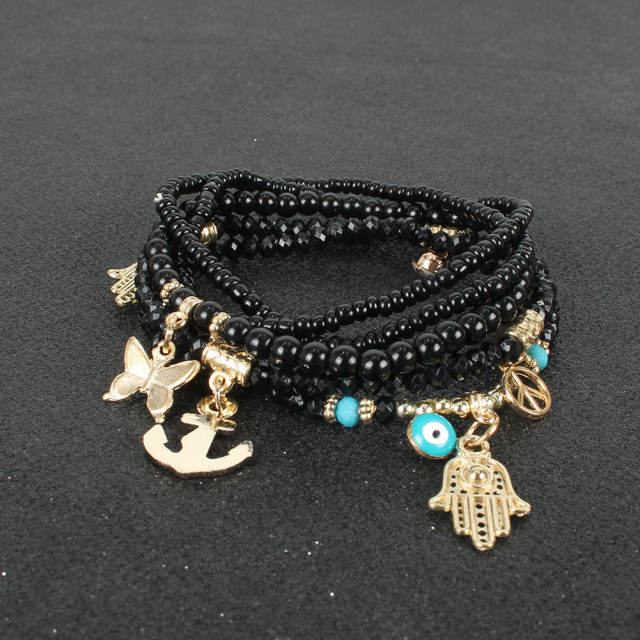 Boho colorful seed beads evil eye hasma charm layer bracelet