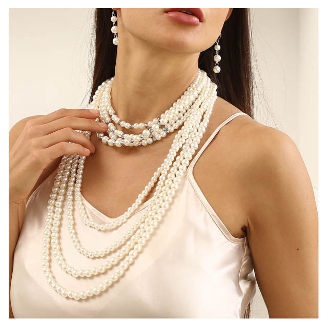 Occident fashion easy match faux pearl bead layer necklace set