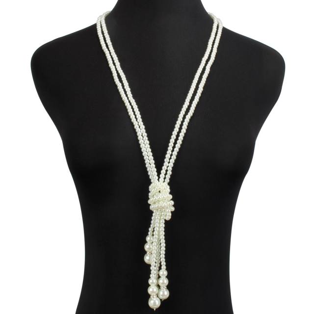 Vintage faux pearl knotted long necklace