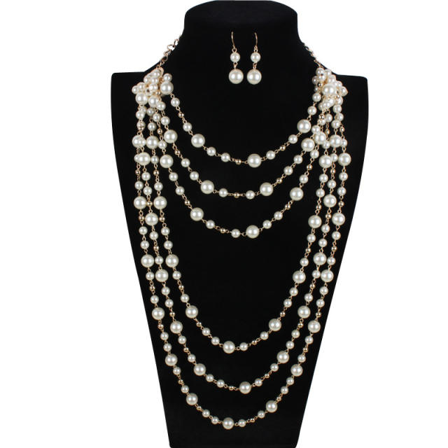 Elegant easy match faux pearl layer necklace long necklace