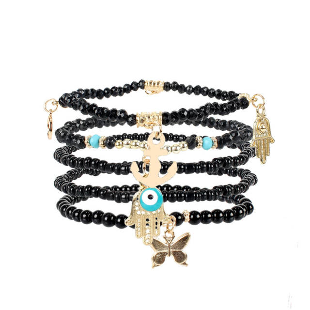 Boho colorful seed beads evil eye hasma charm layer bracelet