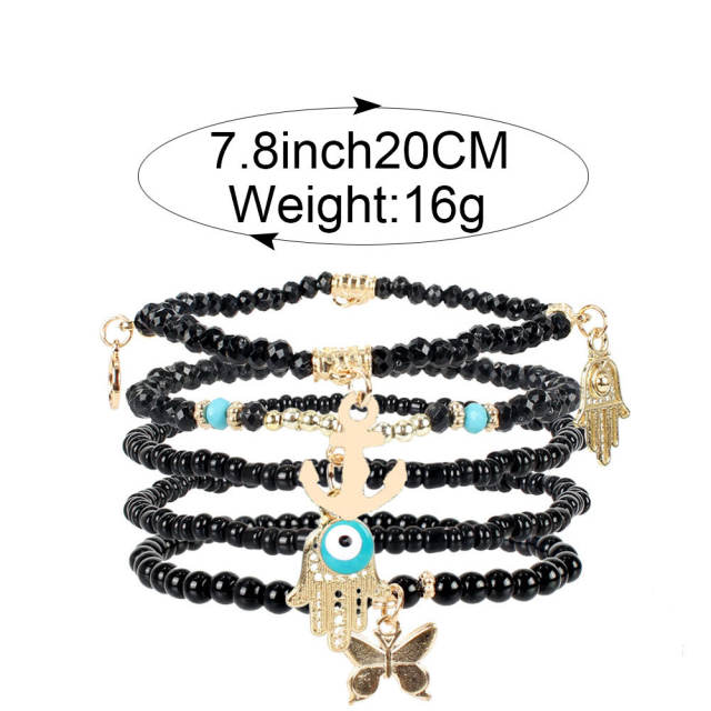 Boho colorful seed beads evil eye hasma charm layer bracelet