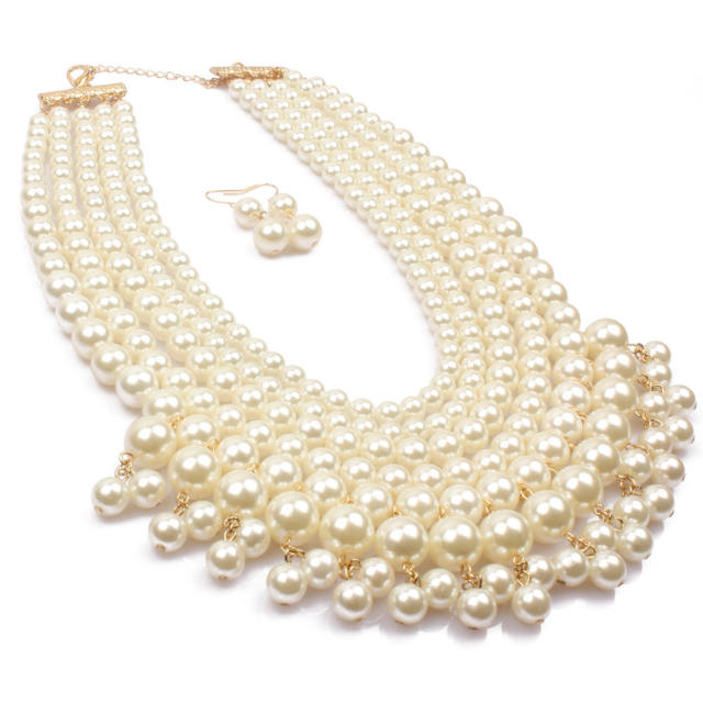 Elegant faux pearl bead layer necklace set