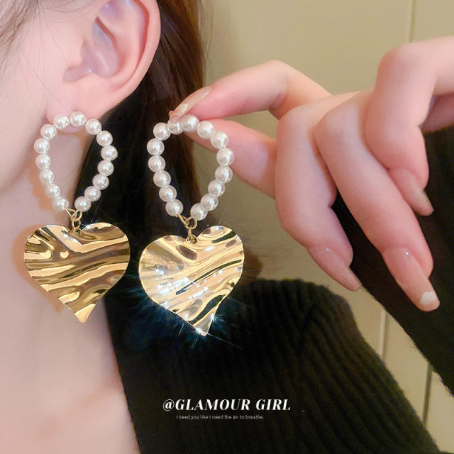 925 neeld gold heart pearl beads dangle earrings