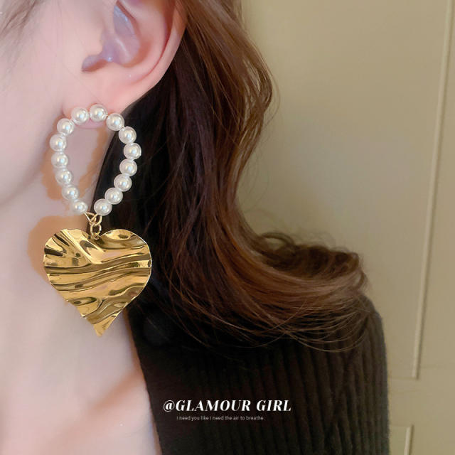 925 neeld gold heart pearl beads dangle earrings
