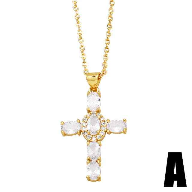 Easy match pave setting cubic zircon pearl cross pendant copper necklace
