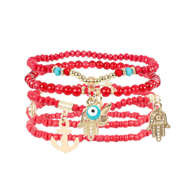 Boho colorful seed beads evil eye hasma charm layer bracelet