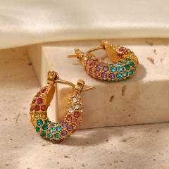 INS pave setting rainbow cubic zircon chunky stainless steel earrings