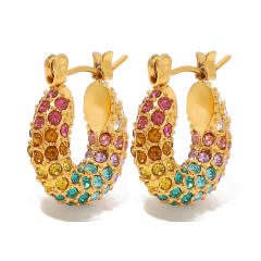INS pave setting rainbow cubic zircon chunky stainless steel earrings