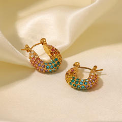 INS pave setting rainbow cubic zircon chunky stainless steel earrings