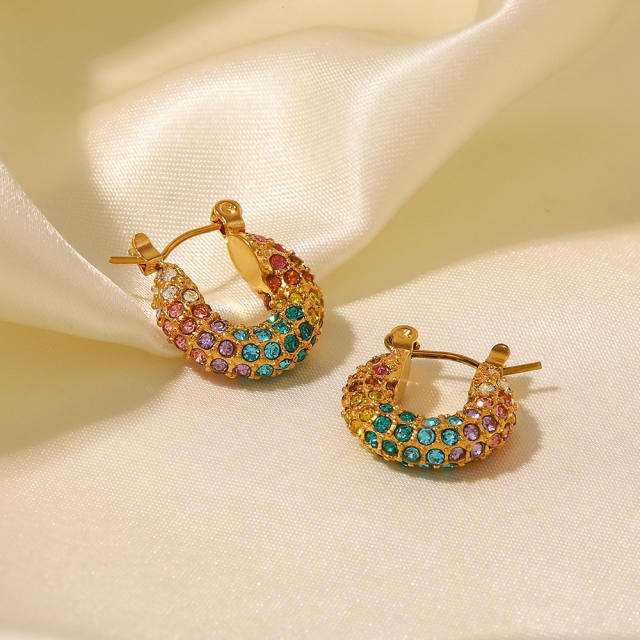 INS pave setting rainbow cubic zircon chunky stainless steel earrings