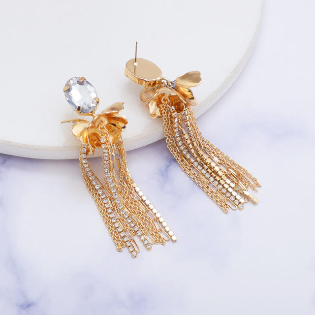 Korean fashion elegant chain tassel flower earrings