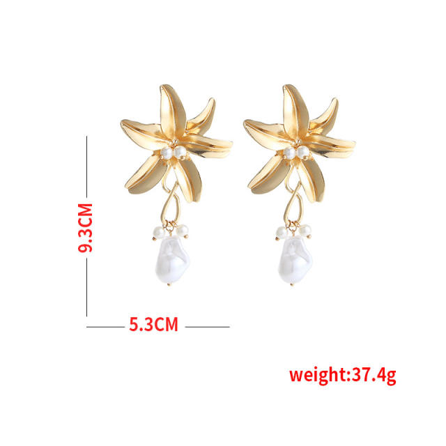 WISH hot sale elegant metal flower baroque pearl drop earrings