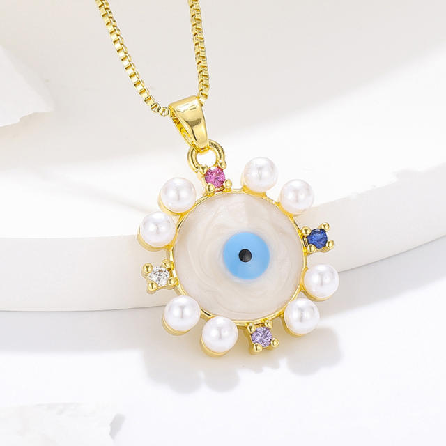 White pearl bead pendant evil eye necklace