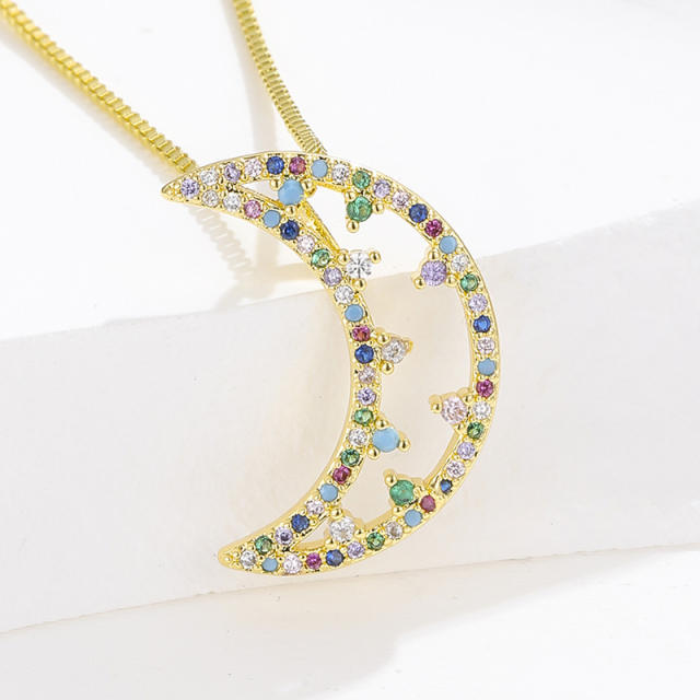 Creative rainbow cubic zircon hollow moon necklace