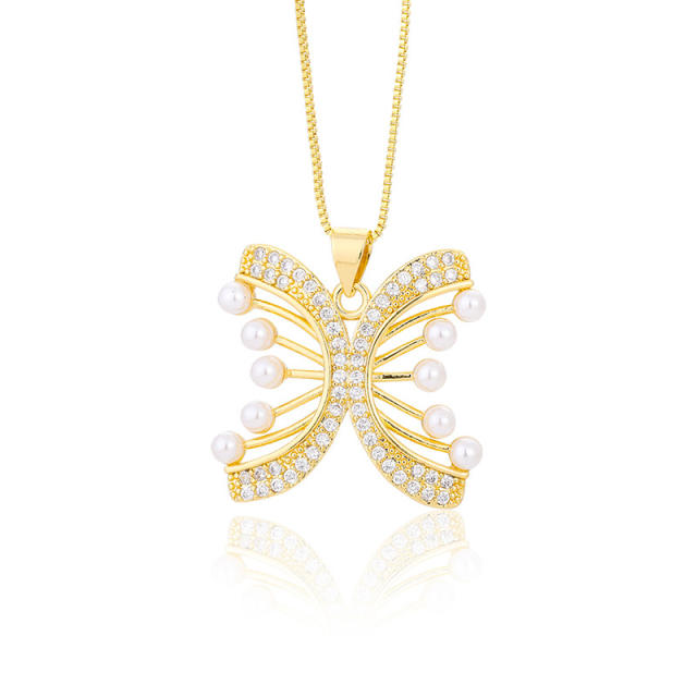 Occident fashion pearl bead setting life tree butterfly pendant necklace