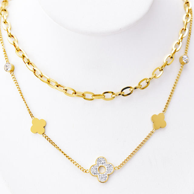 Occident fashion two layer clover stainless steel necklace