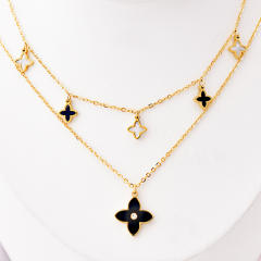 Occident fashion white black clover two layer stainless steel necklace