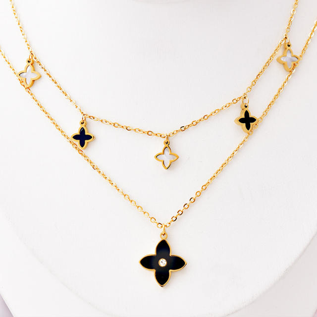 Occident fashion white black clover two layer stainless steel necklace