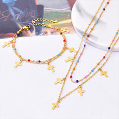 Colorful beads tiny cross two layer stainless steel necklace