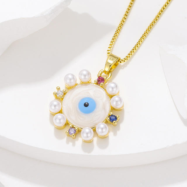 White pearl bead pendant evil eye necklace