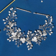 Elegant silver color crystal beads flower bridal headband
