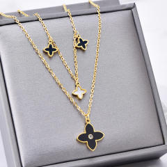 Occident fashion white black clover two layer stainless steel necklace