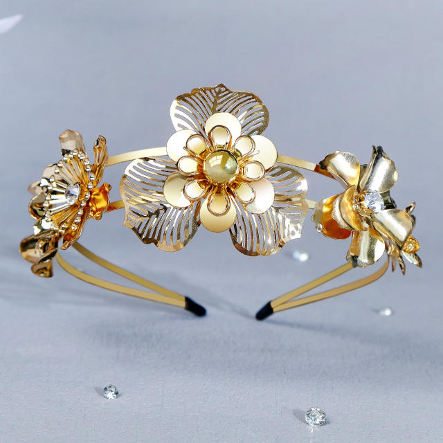 Boho gold color metal flower headband