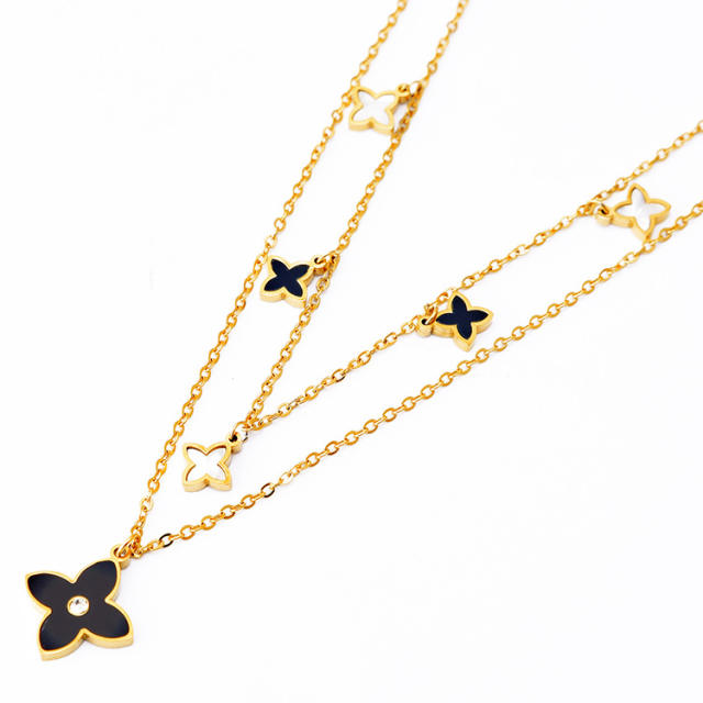 Occident fashion white black clover two layer stainless steel necklace