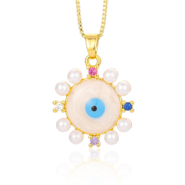 White pearl bead pendant evil eye necklace