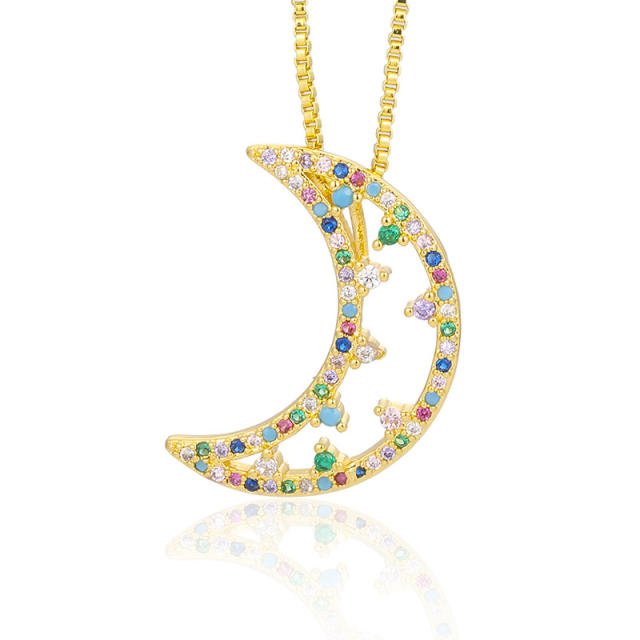 Creative rainbow cubic zircon hollow moon necklace