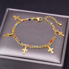 Colorful beads tiny cross two layer stainless steel necklace
