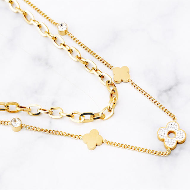 Occident fashion two layer clover stainless steel necklace
