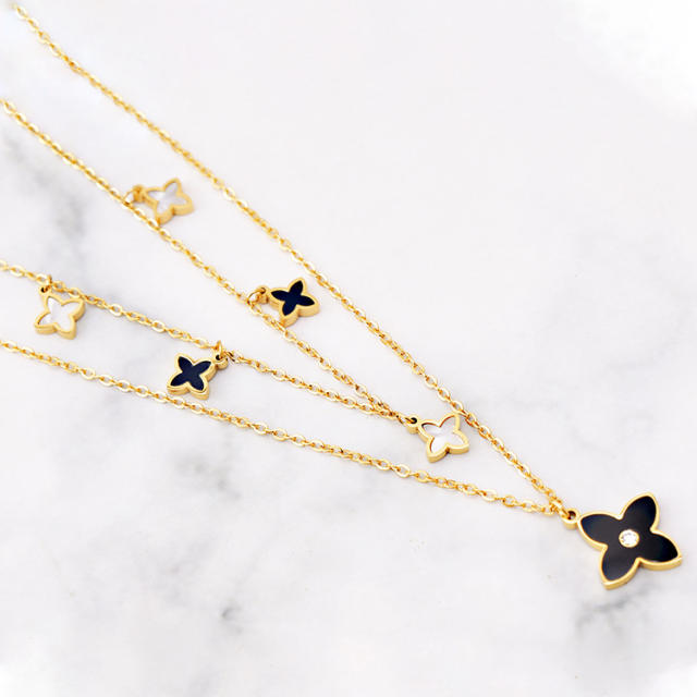 Occident fashion white black clover two layer stainless steel necklace