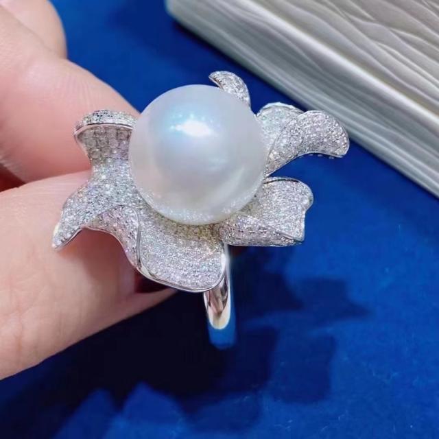 Faux water pearl diamond flower rings