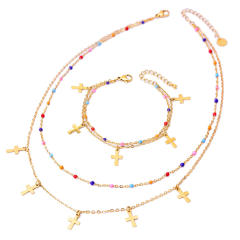 Colorful beads tiny cross two layer stainless steel necklace